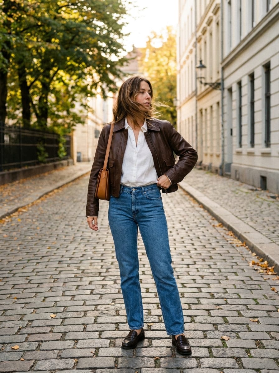 Jeans mit weißer Bluse und brauner Jacke - Herbst Outfit